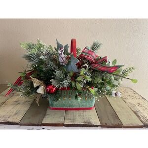 Christmas Floral Arrangement Frosted Pine Plaid Ribbon Glitter BasketCenterpiece